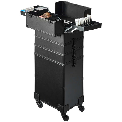 5 i 1 professionell sminktågfodral Kosmetikfodral i aluminium, rullande sminkfodral Extra stor vagn Makeup Reseorganisator, med 360° svängbara hjul och justerbar dragstång, svart