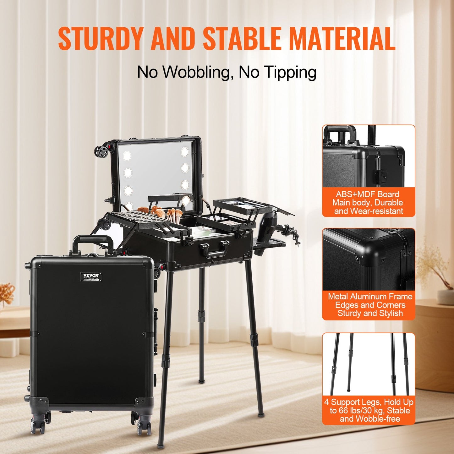 Sminktågfodral med lås, upplyst spegel, 4 förvaringsbrickor, borsthållare, högtalarväska för kosmetika för högtalare med svängbara hjul, fristående väska för professionell artistvagn Studio