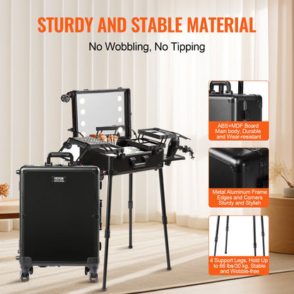 Sminktågfodral med lås, upplyst spegel, 4 förvaringsbrickor, borsthållare, högtalarväska för kosmetika för högtalare med svängbara hjul, fristående väska för professionell artistvagn Studio
