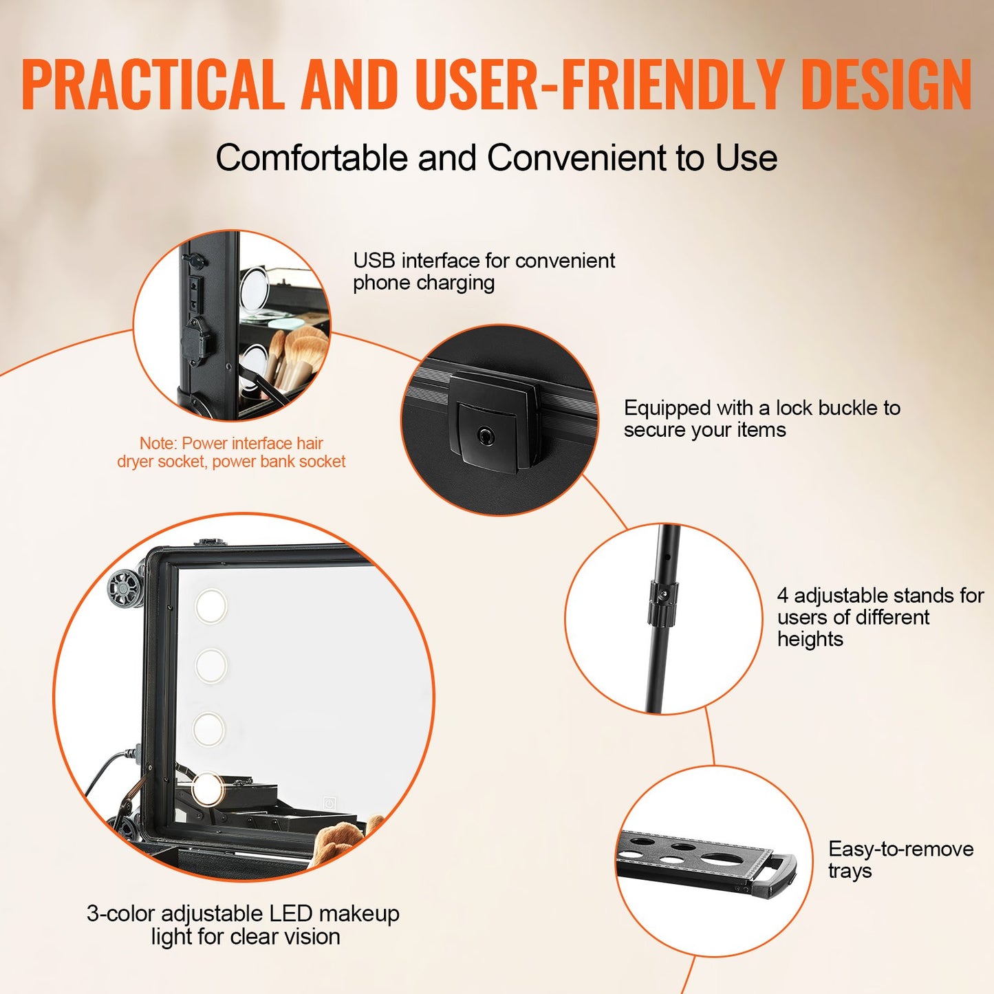 Sminktågfodral med lås, upplyst spegel, 4 förvaringsbrickor, borsthållare, högtalarväska för kosmetika för högtalare med svängbara hjul, fristående väska för professionell artistvagn Studio
