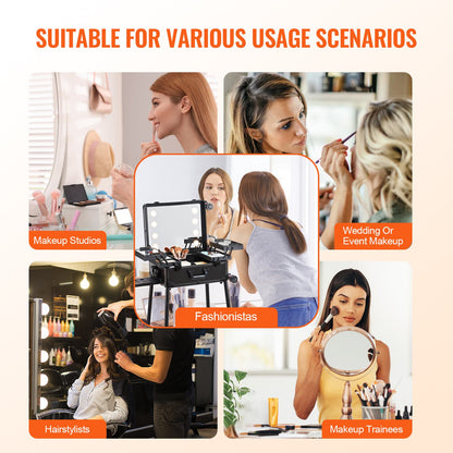 Sminktågfodral med lås, upplyst spegel, 4 förvaringsbrickor, borsthållare, högtalarväska för kosmetika för högtalare med svängbara hjul, fristående väska för professionell artistvagn Studio