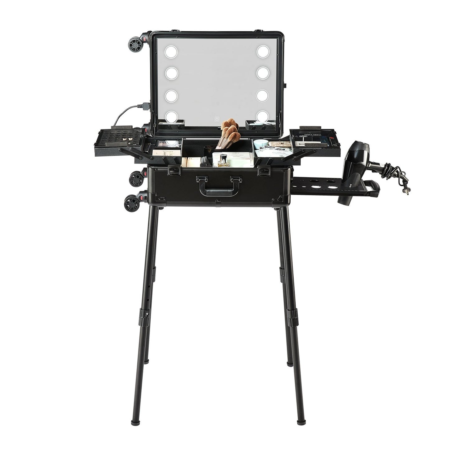 Sminktågfodral med lås, upplyst spegel, 4 förvaringsbrickor, borsthållare, högtalarväska för kosmetika för högtalare med svängbara hjul, fristående väska för professionell artistvagn Studio