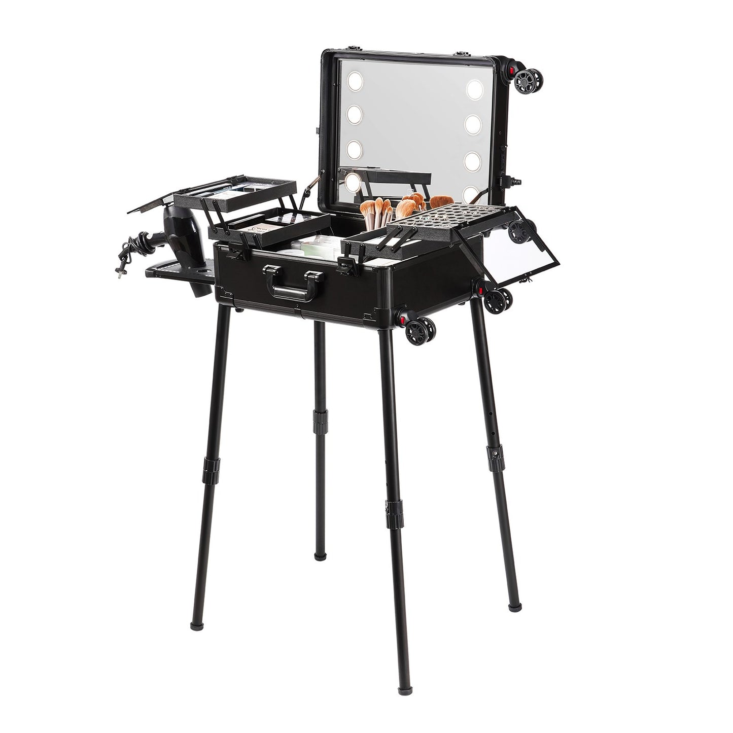 Sminktågfodral med lås, upplyst spegel, 4 förvaringsbrickor, borsthållare, högtalarväska för kosmetika för högtalare med svängbara hjul, fristående väska för professionell artistvagn Studio