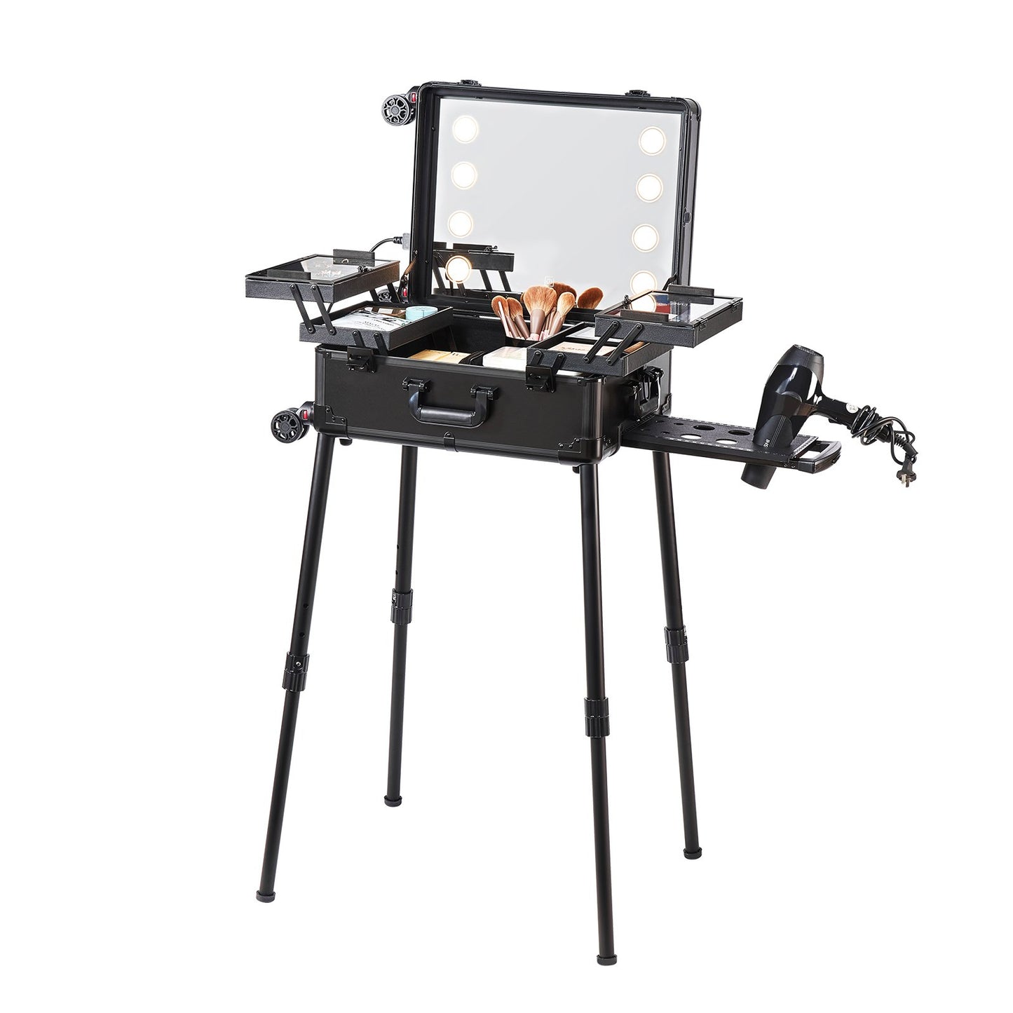 Sminktågfodral med lås, upplyst spegel, 4 förvaringsbrickor, borsthållare, högtalarväska för kosmetika för högtalare med svängbara hjul, fristående väska för professionell artistvagn Studio