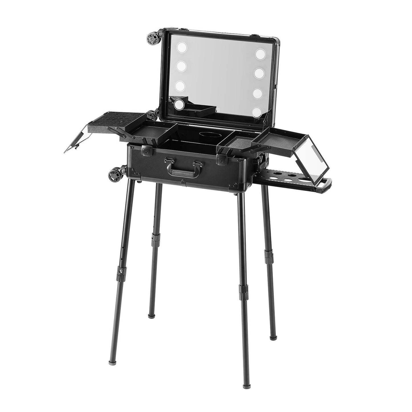 Sminktågfodral med lås, upplyst spegel, 4 förvaringsbrickor, borsthållare, högtalarväska för kosmetika för högtalare med svängbara hjul, fristående väska för professionell artistvagn Studio