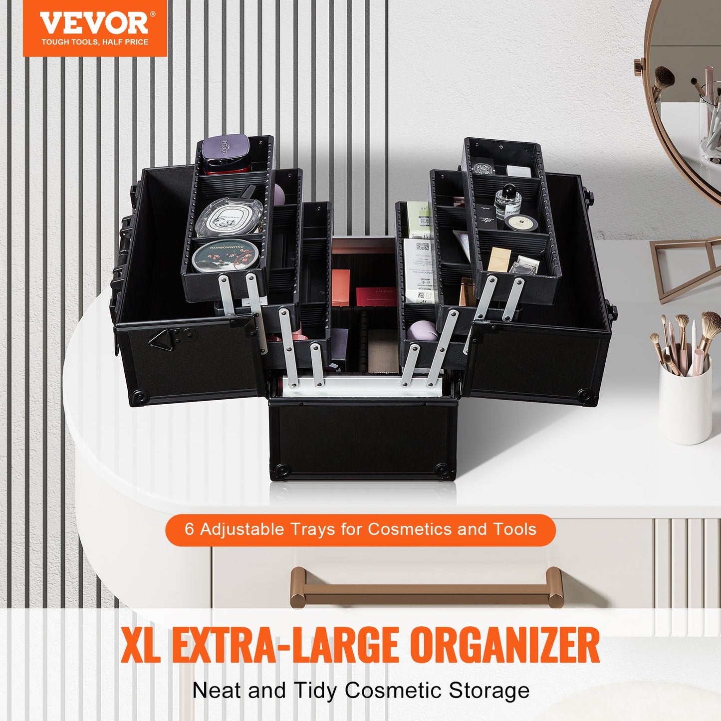 Makeup tågfodral 370 MM Stort bärbart kosmetikafodral, 6 våningsbrickor Professionell sminkförvaringslåda Sminkhållare med handtag och rem Resefodral för kvinnor och flickor - svart