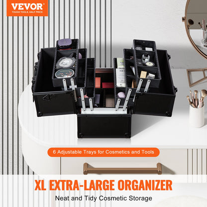 Makeup tågfodral 370 MM Stort bärbart kosmetikafodral, 6 våningsbrickor Professionell sminkförvaringslåda Sminkhållare med handtag och rem Resefodral för kvinnor och flickor - svart