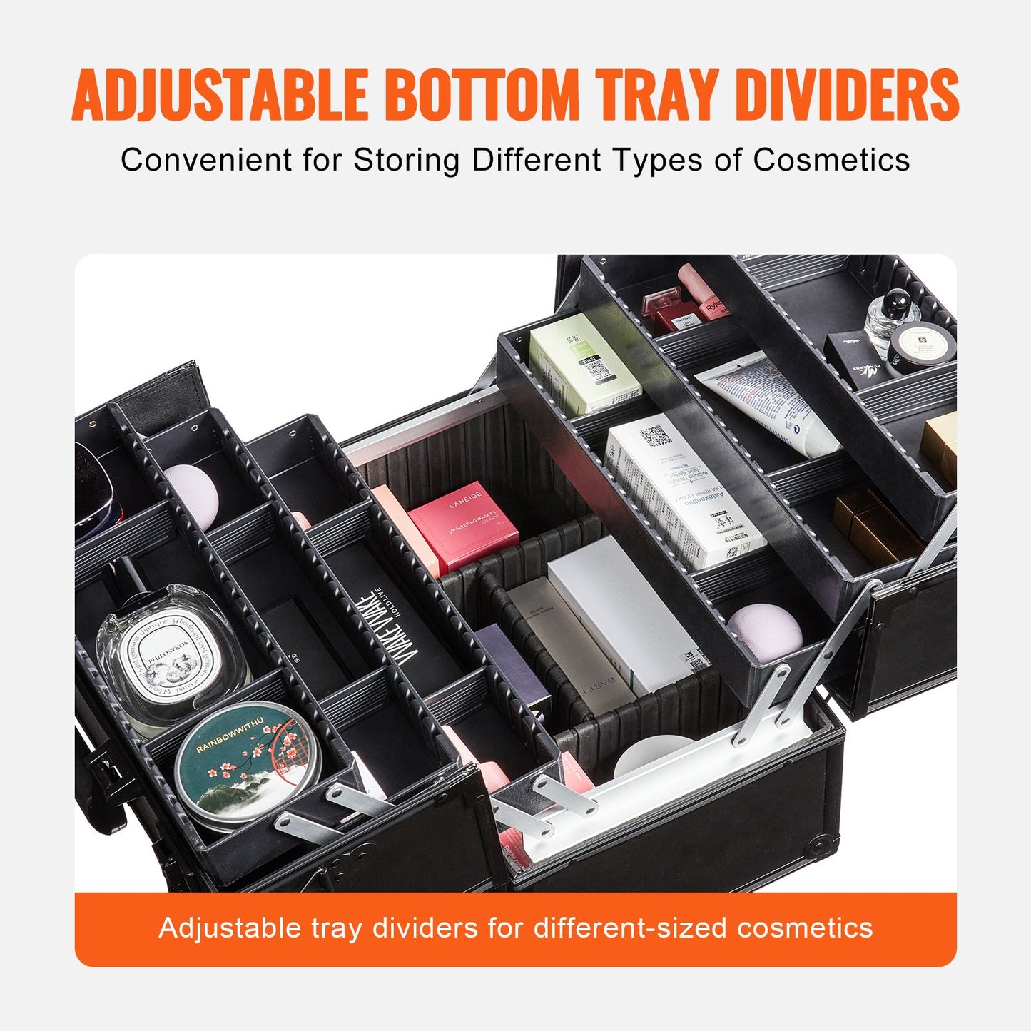Makeup tågfodral 370 MM Stort bärbart kosmetikafodral, 6 våningsbrickor Professionell sminkförvaringslåda Sminkhållare med handtag och rem Resefodral för kvinnor och flickor - svart