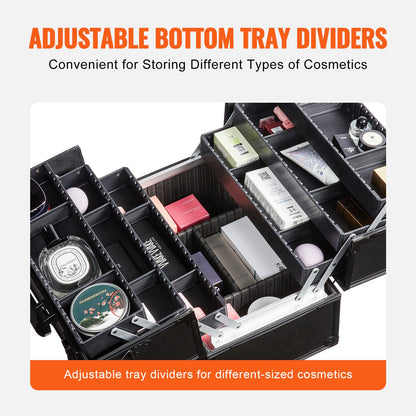 Makeup tågfodral 370 MM Stort bärbart kosmetikafodral, 6 våningsbrickor Professionell sminkförvaringslåda Sminkhållare med handtag och rem Resefodral för kvinnor och flickor - svart