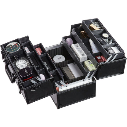 Makeup tågfodral 370 MM Stort bärbart kosmetikafodral, 6 våningsbrickor Professionell sminkförvaringslåda Sminkhållare med handtag och rem Resefodral för kvinnor och flickor - svart