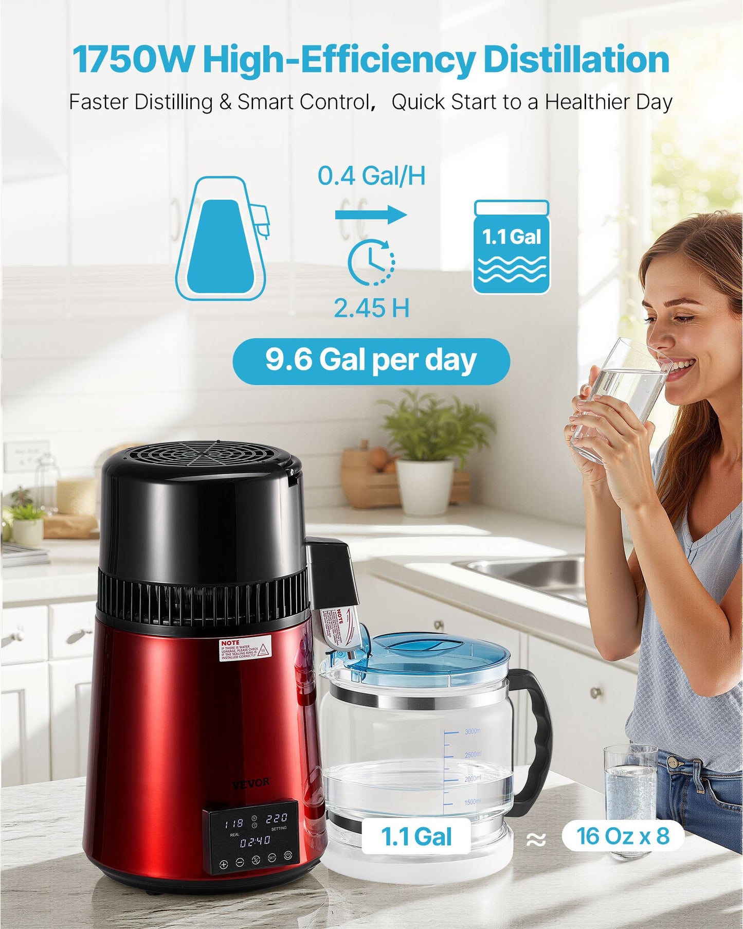 Water Distiller, 4L 1.1 Gallon Pure Water Purifier Filter For Home Table Countertop, 1750W Distilled Maker with Glass Pot, Stainless Steel Interior Drinking Machine to Make Clean Waters, Red