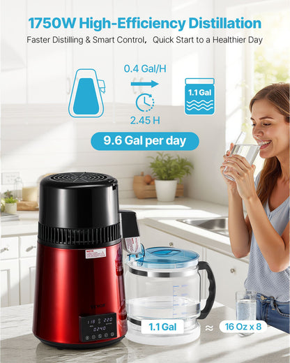 Water Distiller, 4L 1.1 Gallon Pure Water Purifier Filter For Home Table Countertop, 1750W Distilled Maker with Glass Pot, Stainless Steel Interior Drinking Machine to Make Clean Waters, Red
