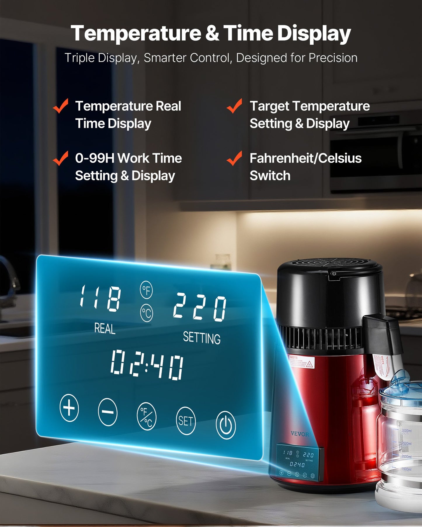 Water Distiller, 4L 1.1 Gallon Pure Water Purifier Filter For Home Table Countertop, 1750W Distilled Maker with Glass Pot, Stainless Steel Interior Drinking Machine to Make Clean Waters, Red