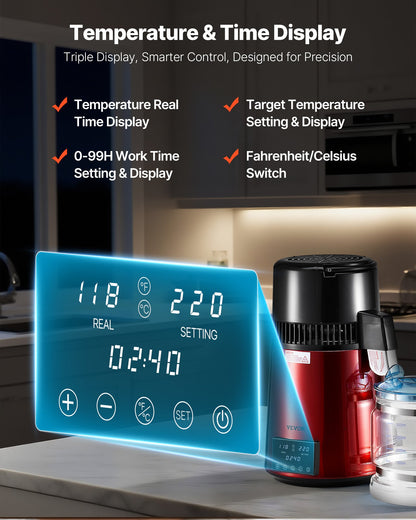 Water Distiller, 4L 1.1 Gallon Pure Water Purifier Filter For Home Table Countertop, 1750W Distilled Maker with Glass Pot, Stainless Steel Interior Drinking Machine to Make Clean Waters, Red