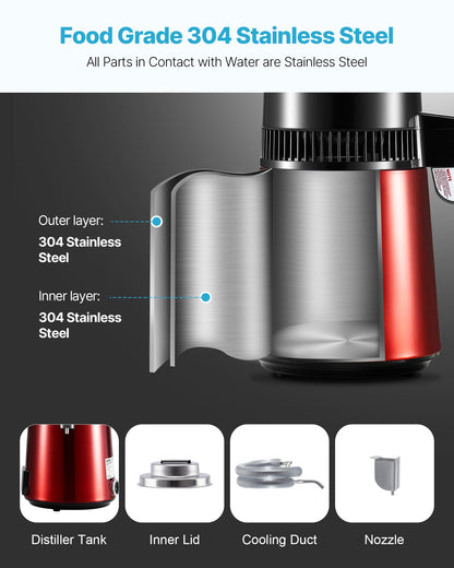 Water Distiller, 4L 1.1 Gallon Pure Water Purifier Filter For Home Table Countertop, 1750W Distilled Maker with Glass Pot, Stainless Steel Interior Drinking Machine to Make Clean Waters, Red