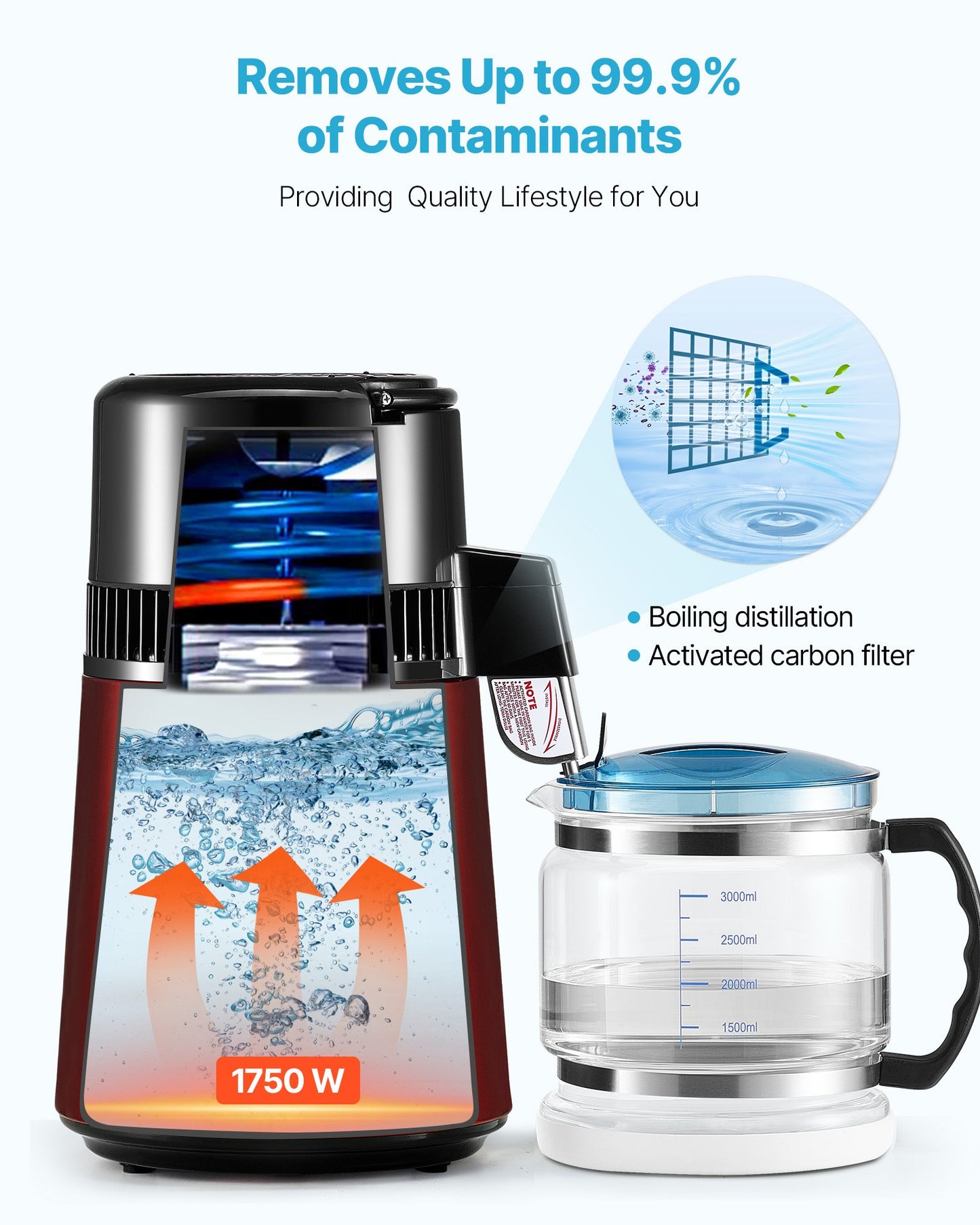 Water Distiller, 4L 1.1 Gallon Pure Water Purifier Filter For Home Table Countertop, 1750W Distilled Maker with Glass Pot, Stainless Steel Interior Drinking Machine to Make Clean Waters, Red