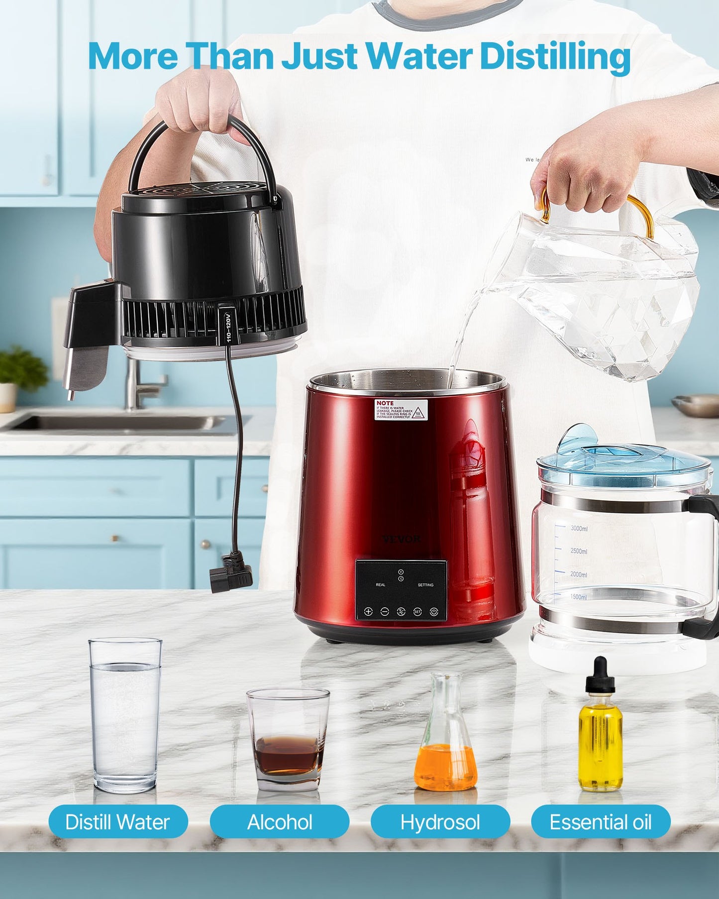 Water Distiller, 4L 1.1 Gallon Pure Water Purifier Filter For Home Table Countertop, 1750W Distilled Maker with Glass Pot, Stainless Steel Interior Drinking Machine to Make Clean Waters, Red