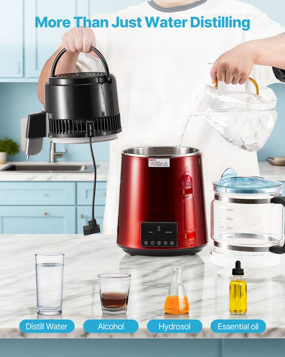 Water Distiller, 4L 1.1 Gallon Pure Water Purifier Filter For Home Table Countertop, 1750W Distilled Maker with Glass Pot, Stainless Steel Interior Drinking Machine to Make Clean Waters, Red