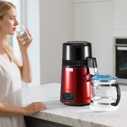 Water Distiller, 4L 1.1 Gallon Pure Water Purifier Filter For Home Table Countertop, 1750W Distilled Maker with Glass Pot, Stainless Steel Interior Drinking Machine to Make Clean Waters, Red