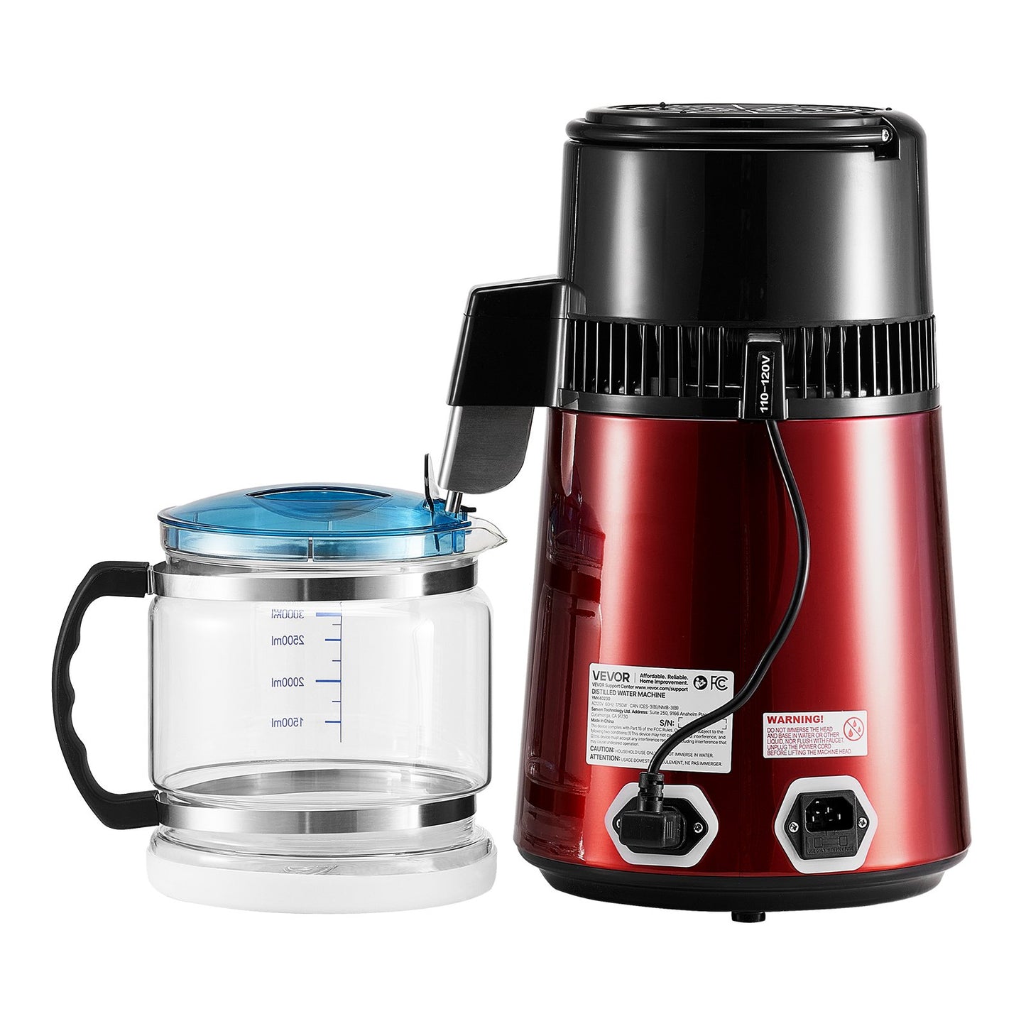 Water Distiller, 4L 1.1 Gallon Pure Water Purifier Filter For Home Table Countertop, 1750W Distilled Maker with Glass Pot, Stainless Steel Interior Drinking Machine to Make Clean Waters, Red