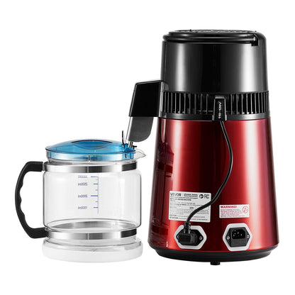 Water Distiller, 4L 1.1 Gallon Pure Water Purifier Filter For Home Table Countertop, 1750W Distilled Maker with Glass Pot, Stainless Steel Interior Drinking Machine to Make Clean Waters, Red