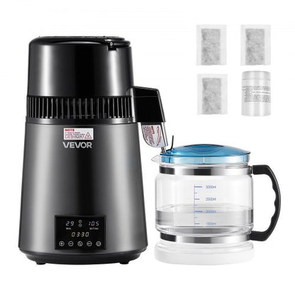 Water Distiller, 4L 1.1 Gallon Pure Water Purifier Filter For Home Table Countertop, 1750W Distilled Maker with Glass Pot, Stainless Steel Interior Drinking Machine to Make Clean Waters, Grey