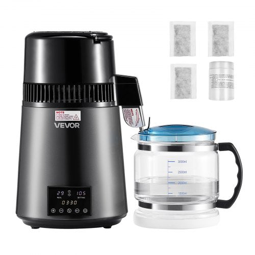 Water Distiller, 4L 1.1 Gallon Pure Water Purifier Filter For Home Table Countertop, 1750W Distilled Maker with Glass Pot, Stainless Steel Interior Drinking Machine to Make Clean Waters, Grey