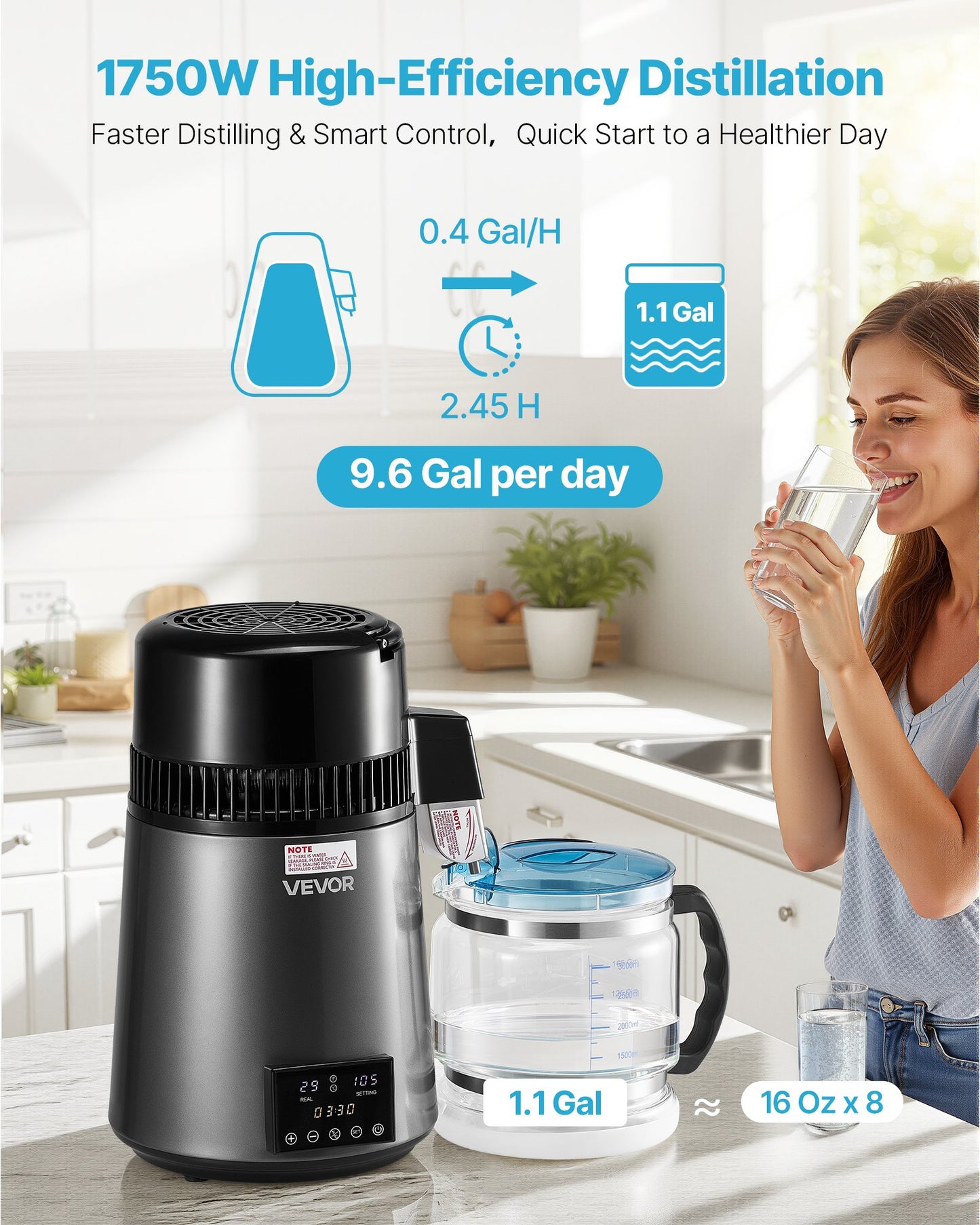 Water Distiller, 4L 1.1 Gallon Pure Water Purifier Filter For Home Table Countertop, 1750W Distilled Maker with Glass Pot, Stainless Steel Interior Drinking Machine to Make Clean Waters, Grey