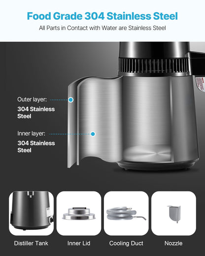 Water Distiller, 4L 1.1 Gallon Pure Water Purifier Filter For Home Table Countertop, 1750W Distilled Maker with Glass Pot, Stainless Steel Interior Drinking Machine to Make Clean Waters, Grey