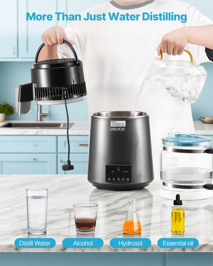 Water Distiller, 4L 1.1 Gallon Pure Water Purifier Filter For Home Table Countertop, 1750W Distilled Maker with Glass Pot, Stainless Steel Interior Drinking Machine to Make Clean Waters, Grey