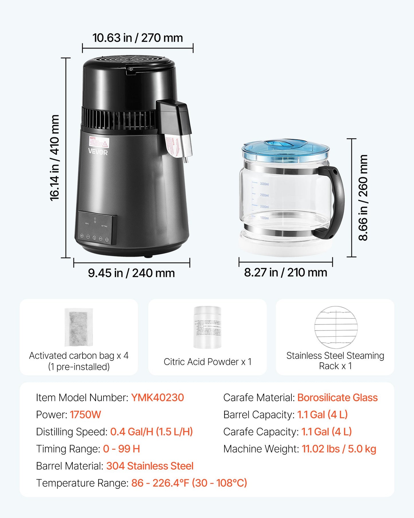 Water Distiller, 4L 1.1 Gallon Pure Water Purifier Filter For Home Table Countertop, 1750W Distilled Maker with Glass Pot, Stainless Steel Interior Drinking Machine to Make Clean Waters, Grey