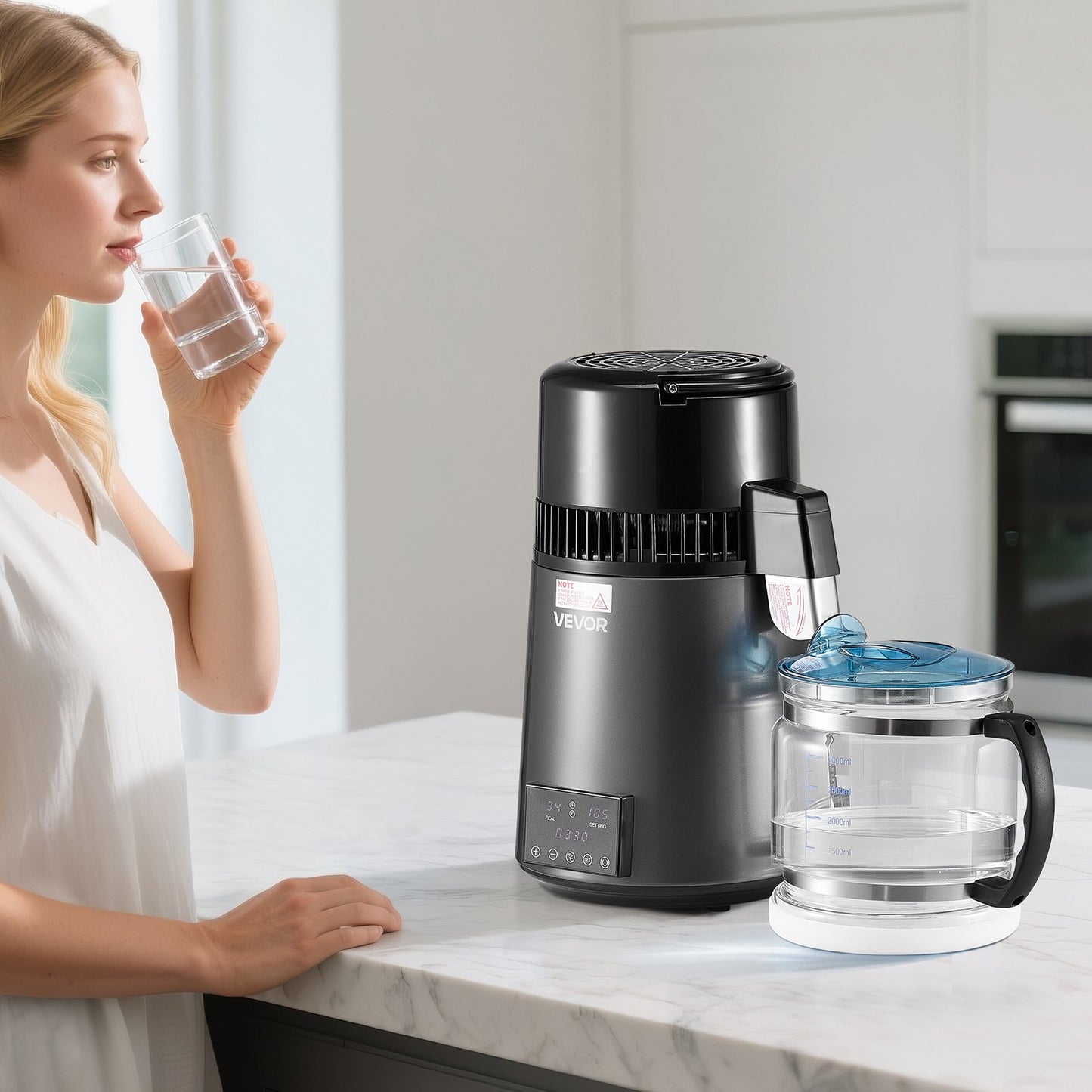 Water Distiller, 4L 1.1 Gallon Pure Water Purifier Filter For Home Table Countertop, 1750W Distilled Maker with Glass Pot, Stainless Steel Interior Drinking Machine to Make Clean Waters, Grey