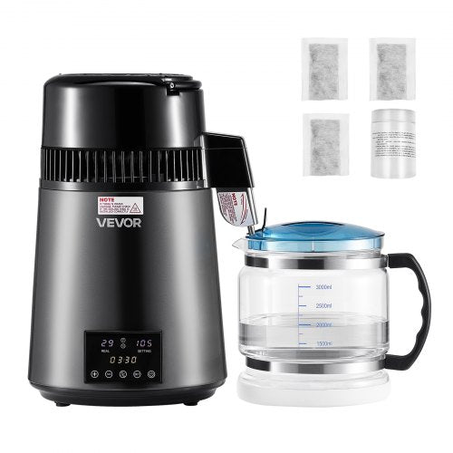 Water Distiller, 4L 1.1 Gallon Pure Water Purifier Filter For Home Table Countertop, 750W Distilled Maker with Glass Pot, Stainless Steel Interior Drinking Machine to Make Clean Waters, Grey