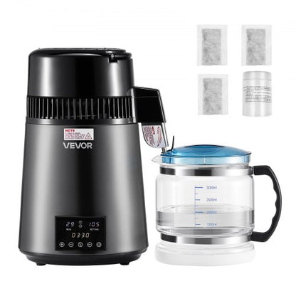 Water Distiller, 4L 1.1 Gallon Pure Water Purifier Filter For Home Table Countertop, 750W Distilled Maker with Glass Pot, Stainless Steel Interior Drinking Machine to Make Clean Waters, Grey