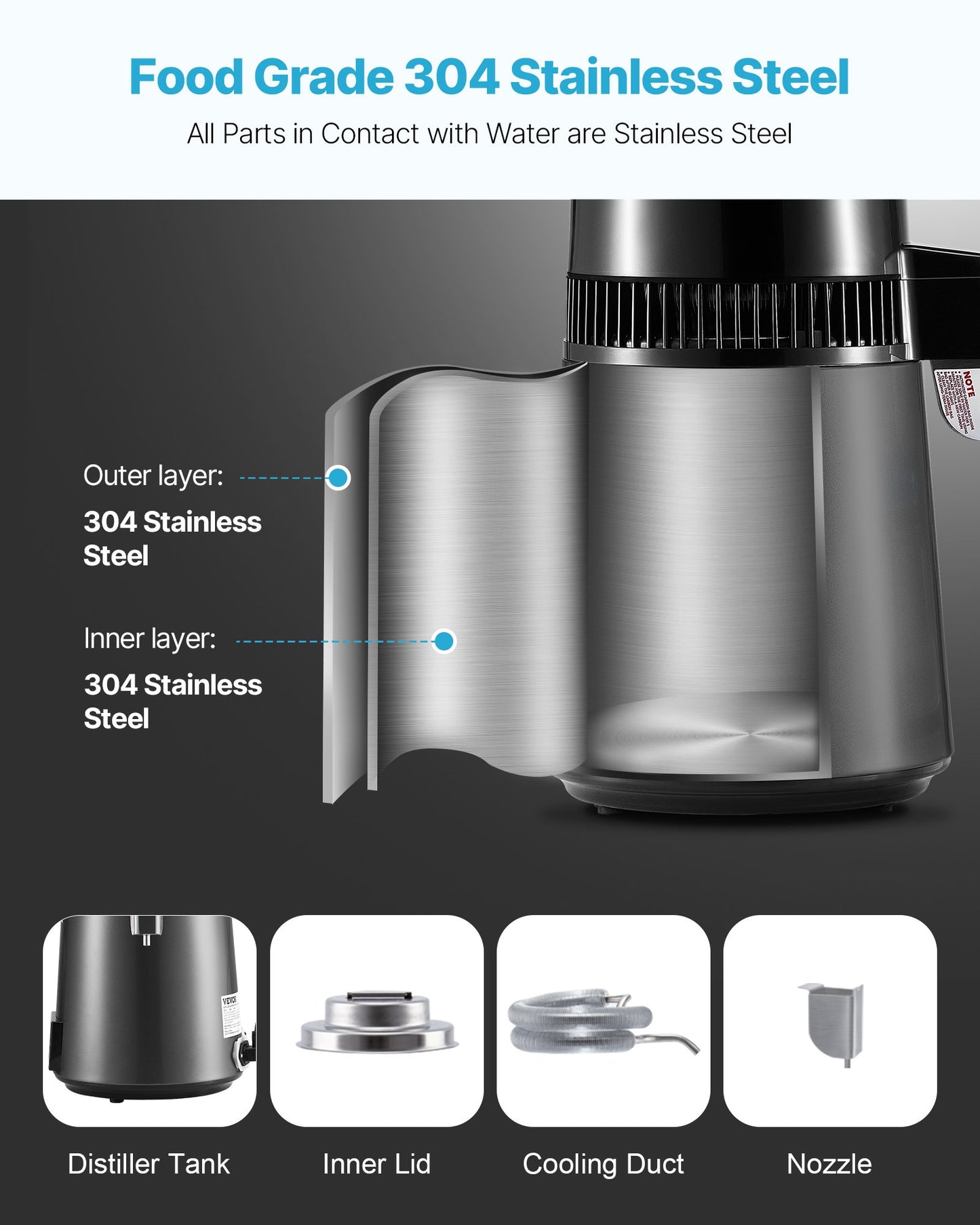 Water Distiller, 4L 1.1 Gallon Pure Water Purifier Filter For Home Table Countertop, 750W Distilled Maker with Glass Pot, Stainless Steel Interior Drinking Machine to Make Clean Waters, Grey