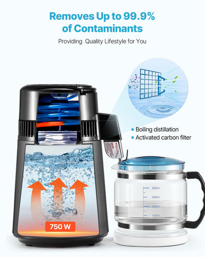 Water Distiller, 4L 1.1 Gallon Pure Water Purifier Filter For Home Table Countertop, 750W Distilled Maker with Glass Pot, Stainless Steel Interior Drinking Machine to Make Clean Waters, Grey