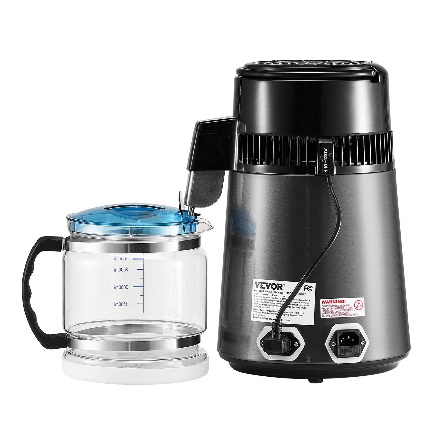 Water Distiller, 4L 1.1 Gallon Pure Water Purifier Filter For Home Table Countertop, 750W Distilled Maker with Glass Pot, Stainless Steel Interior Drinking Machine to Make Clean Waters, Grey