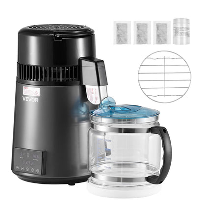 Water Distiller, 4L 1.1 Gallon Pure Water Purifier Filter For Home Table Countertop, 750W Distilled Maker with Glass Pot, Stainless Steel Interior Drinking Machine to Make Clean Waters, Grey