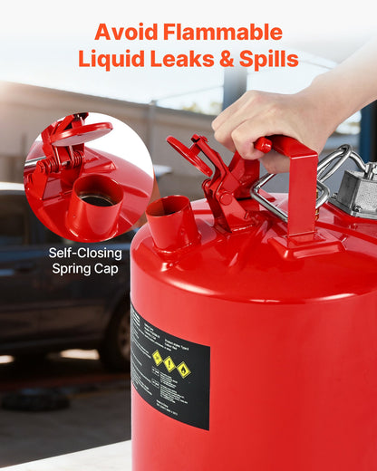 Safety Gas Can, 5 Gallon Type II Red Safety Can for Gasoline with Stainless Steel Flame Arrester, Self-Closing Lid & Flexible Metal Spout, Carbon Steel Flammable Storage with Ergonomic Handle