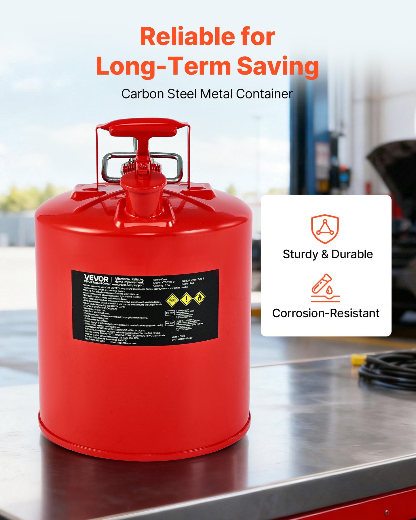 Safety Gas Can, 5 Gallon Type II Red Safety Can for Gasoline with Stainless Steel Flame Arrester, Self-Closing Lid & Flexible Metal Spout, Carbon Steel Flammable Storage with Ergonomic Handle
