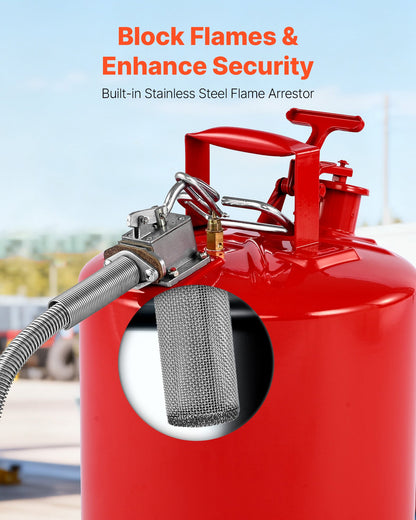 Safety Gas Can, 5 Gallon Type II Red Safety Can for Gasoline with Stainless Steel Flame Arrester, Self-Closing Lid & Flexible Metal Spout, Carbon Steel Flammable Storage with Ergonomic Handle