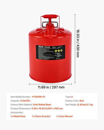 Safety Gas Can, 5 Gallon Type II Red Safety Can for Gasoline with Stainless Steel Flame Arrester, Self-Closing Lid & Flexible Metal Spout, Carbon Steel Flammable Storage with Ergonomic Handle