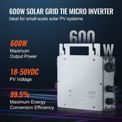 Solar Grid Tie Micro Inverter 600W Vattentät IP67, Solar Micro Inverter Fjärrövervakning via App och WIFI