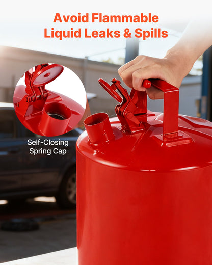Safety Gas Can, 5 Gallon Type I Red Safety Can for Gasoline with Stainless Steel Flame Arrester, Self-Closing Lid, and PE Funnel, Carbon Steel Flammable Storage Container with Ergonomic Handle