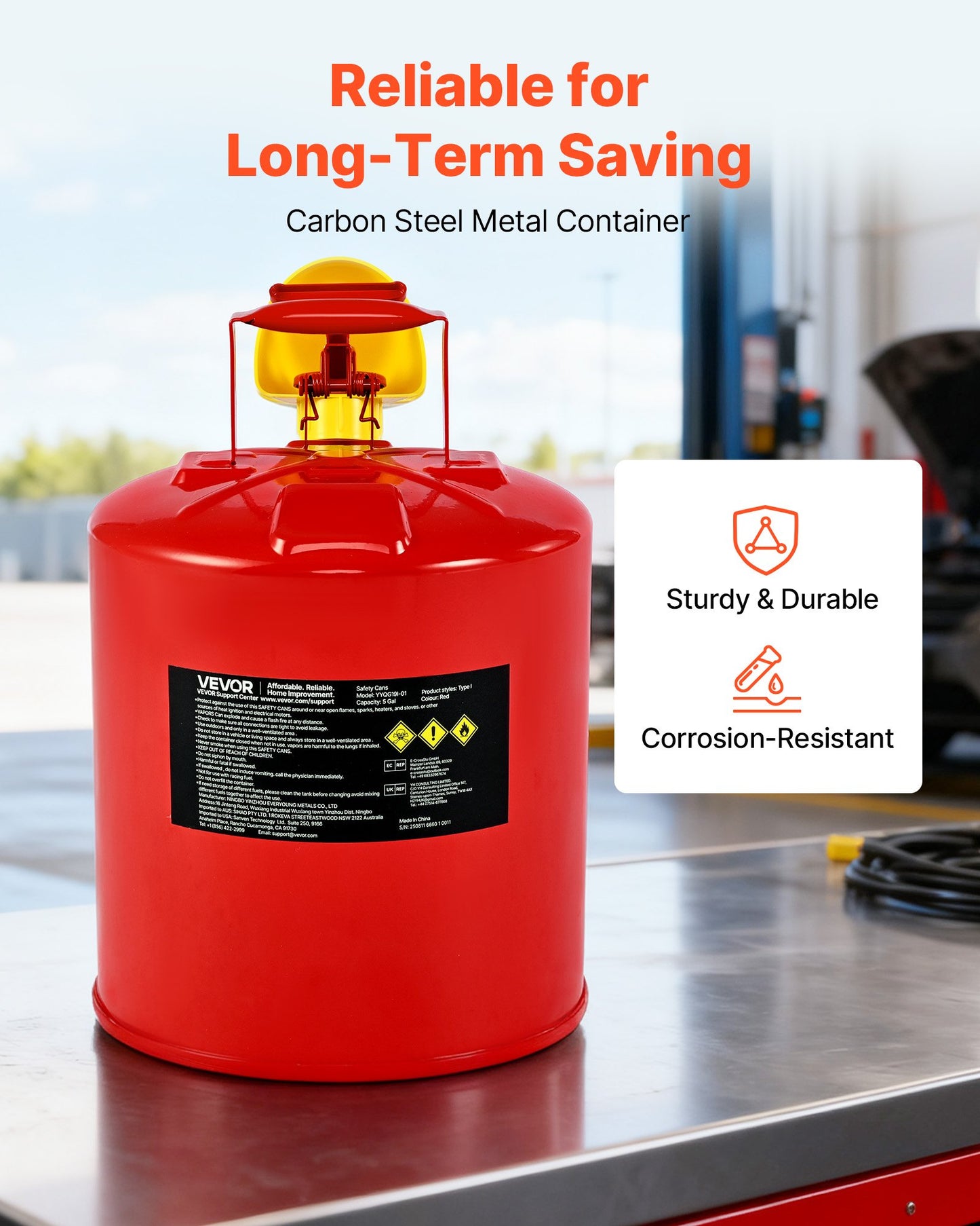 Safety Gas Can, 5 Gallon Type I Red Safety Can for Gasoline with Stainless Steel Flame Arrester, Self-Closing Lid, and PE Funnel, Carbon Steel Flammable Storage Container with Ergonomic Handle