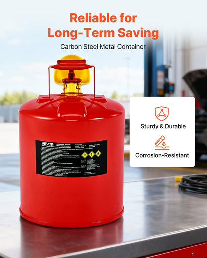 Safety Gas Can, 5 Gallon Type I Red Safety Can for Gasoline with Stainless Steel Flame Arrester, Self-Closing Lid, and PE Funnel, Carbon Steel Flammable Storage Container with Ergonomic Handle