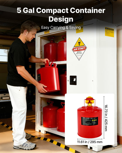 Safety Gas Can, 5 Gallon Type I Red Safety Can for Gasoline with Stainless Steel Flame Arrester, Self-Closing Lid, and PE Funnel, Carbon Steel Flammable Storage Container with Ergonomic Handle
