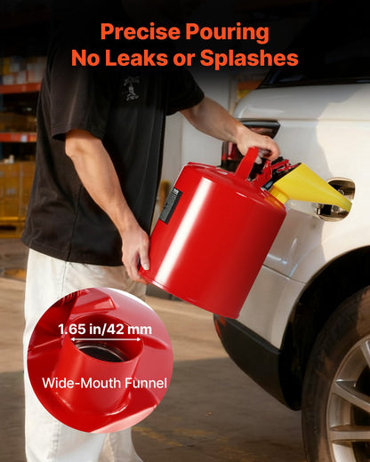 Safety Gas Can, 5 Gallon Type I Red Safety Can for Gasoline with Stainless Steel Flame Arrester, Self-Closing Lid, and PE Funnel, Carbon Steel Flammable Storage Container with Ergonomic Handle