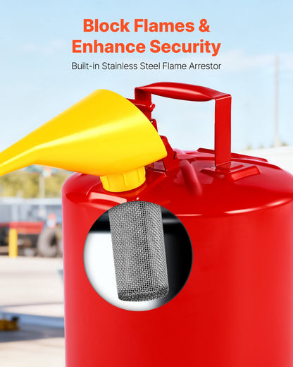 Safety Gas Can, 5 Gallon Type I Red Safety Can for Gasoline with Stainless Steel Flame Arrester, Self-Closing Lid, and PE Funnel, Carbon Steel Flammable Storage Container with Ergonomic Handle