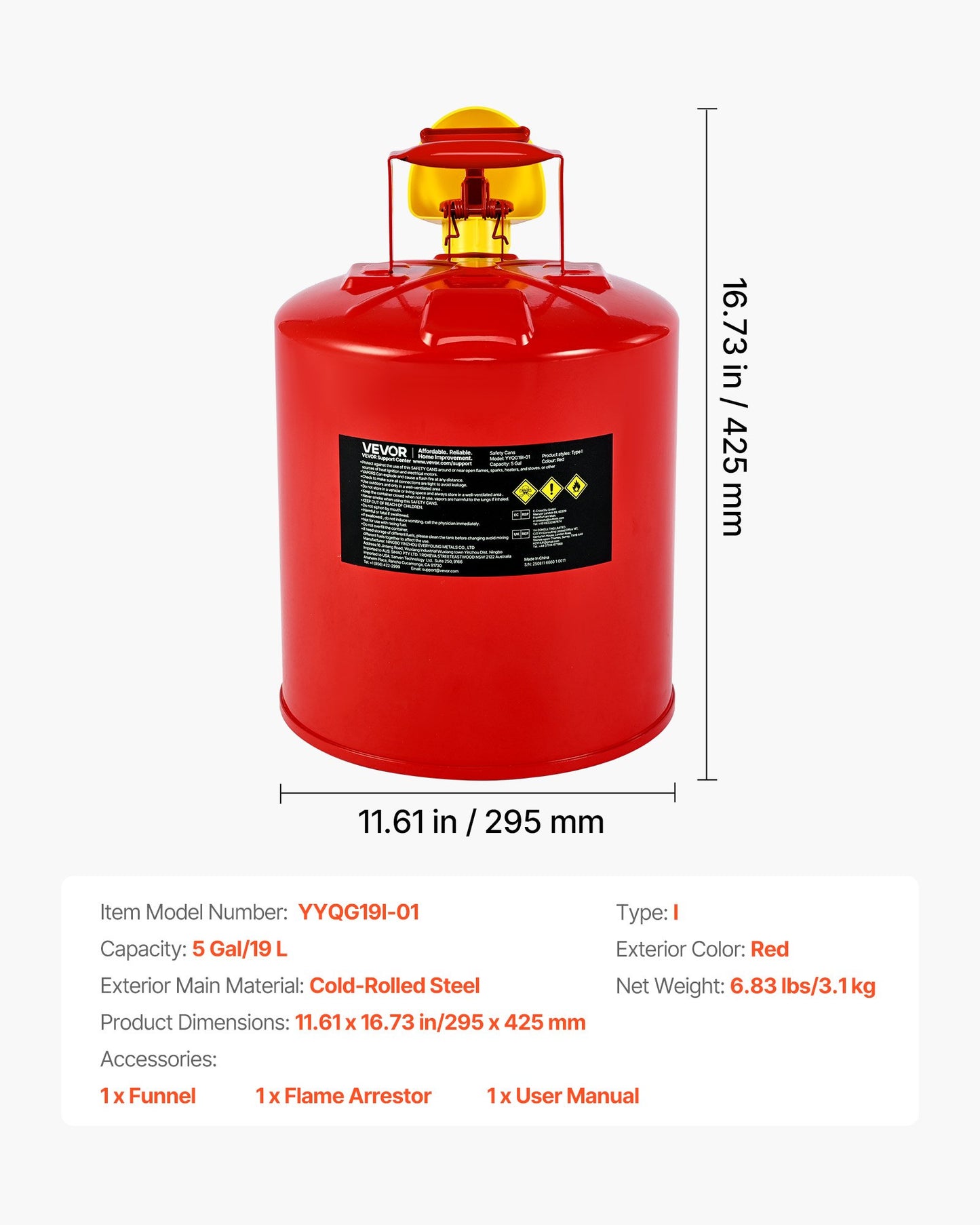 Safety Gas Can, 5 Gallon Type I Red Safety Can for Gasoline with Stainless Steel Flame Arrester, Self-Closing Lid, and PE Funnel, Carbon Steel Flammable Storage Container with Ergonomic Handle